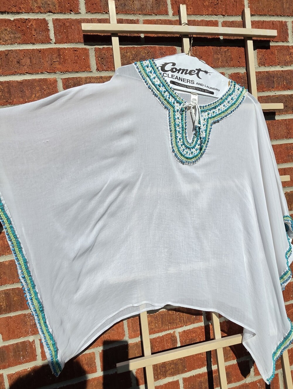 CHICO'S Turquoise Beaded Tunic OS Embellished Swim Coverup Top